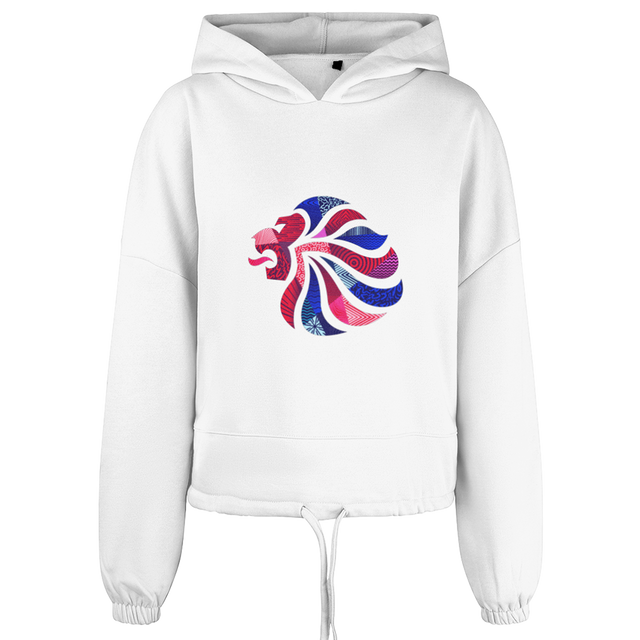 Team GB Abstract Lion White Oversized Cropped Hoodie