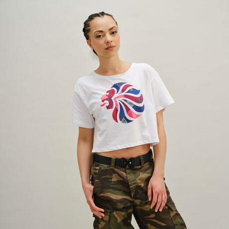 Team GB Abstract Lion Head Women's White Crop Top