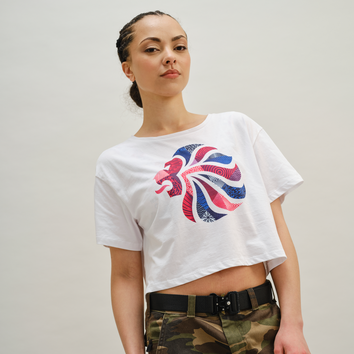 Team GB Abstract Lion Head Women's White Crop Top