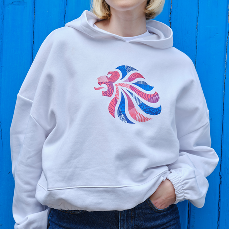 Team GB Abstract Lion White Oversized Cropped Hoodie